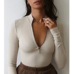 Joah Brown Half Zip Mock Neck Dune